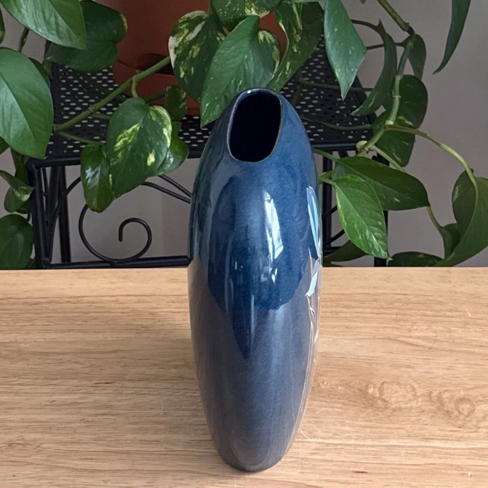Vintage Otagiri 7” Cobalt Blue Iris Vase Japan Floral Design Ceramic 1970s 1980s